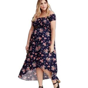 Torrid Size 3X Navy Pink Floral Off Shoulder Smock Top High Low MIDI Dress